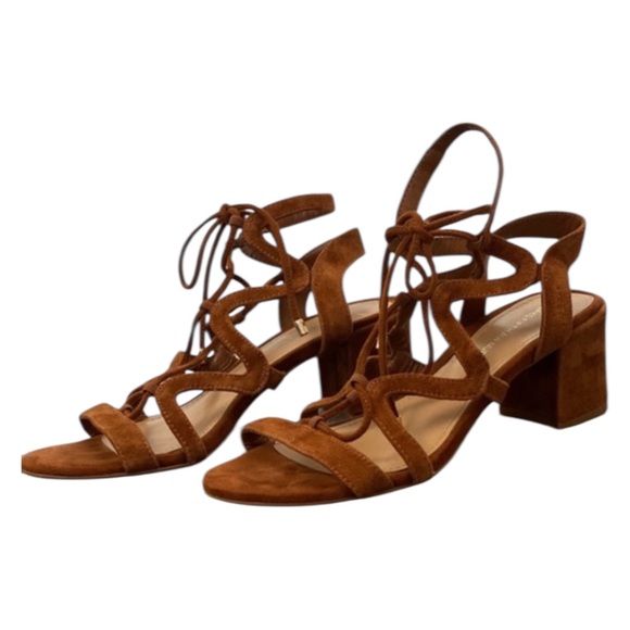 Saks Fifth Avenue Cognac Camel Brown Suede Lace Up Block Heel Sandals - 6.5 - Picture 1 of 16